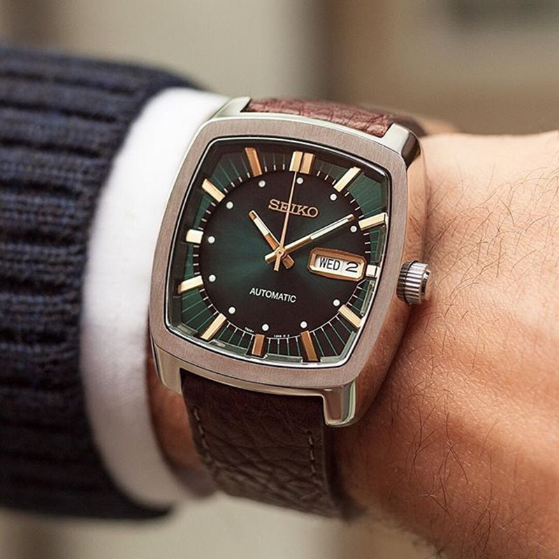 代购SEIKO精工男表SNKP27酒桶型方形皮带绿色表盘男自动机械手表