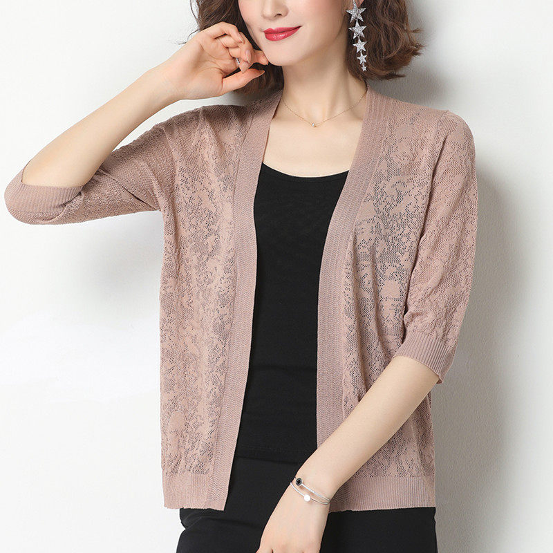 中年妈妈冰丝针织开衫女夏装短款薄款外搭披肩中老年女装