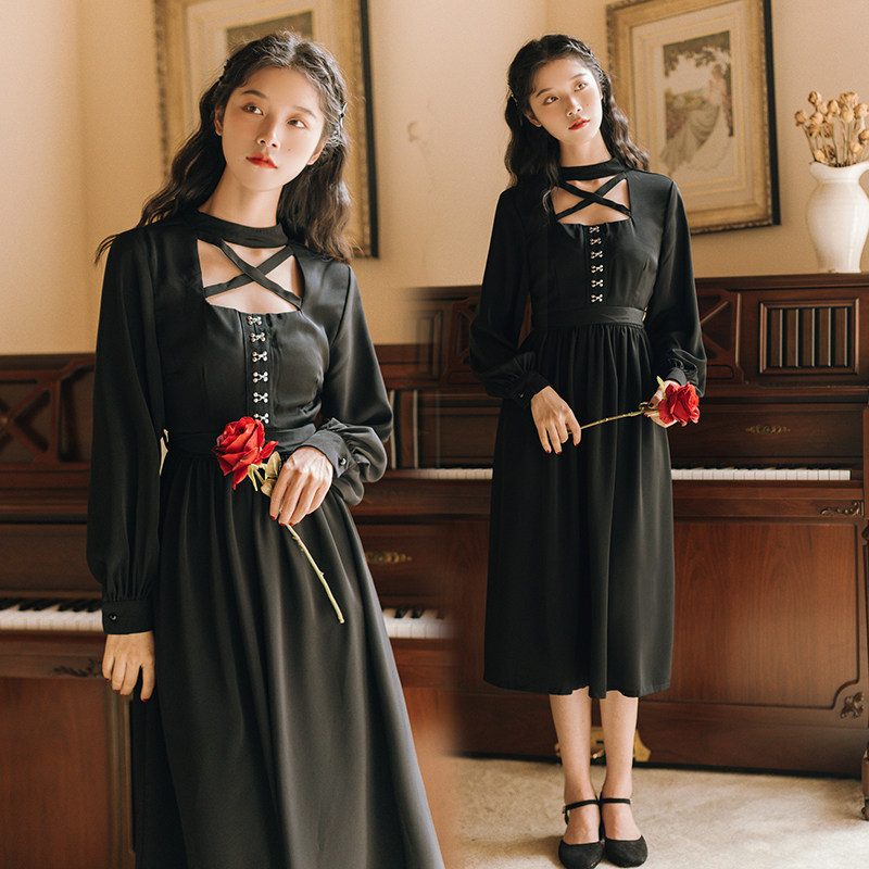 2021春季款【女伯爵】交叉黑色连衣裙性感镂空lolita长款法式收腰