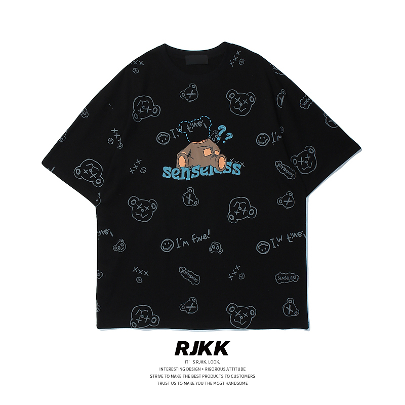 潮牌满印小熊印花短袖T恤男ins夏季宽松情侣装休闲百搭半袖体恤l