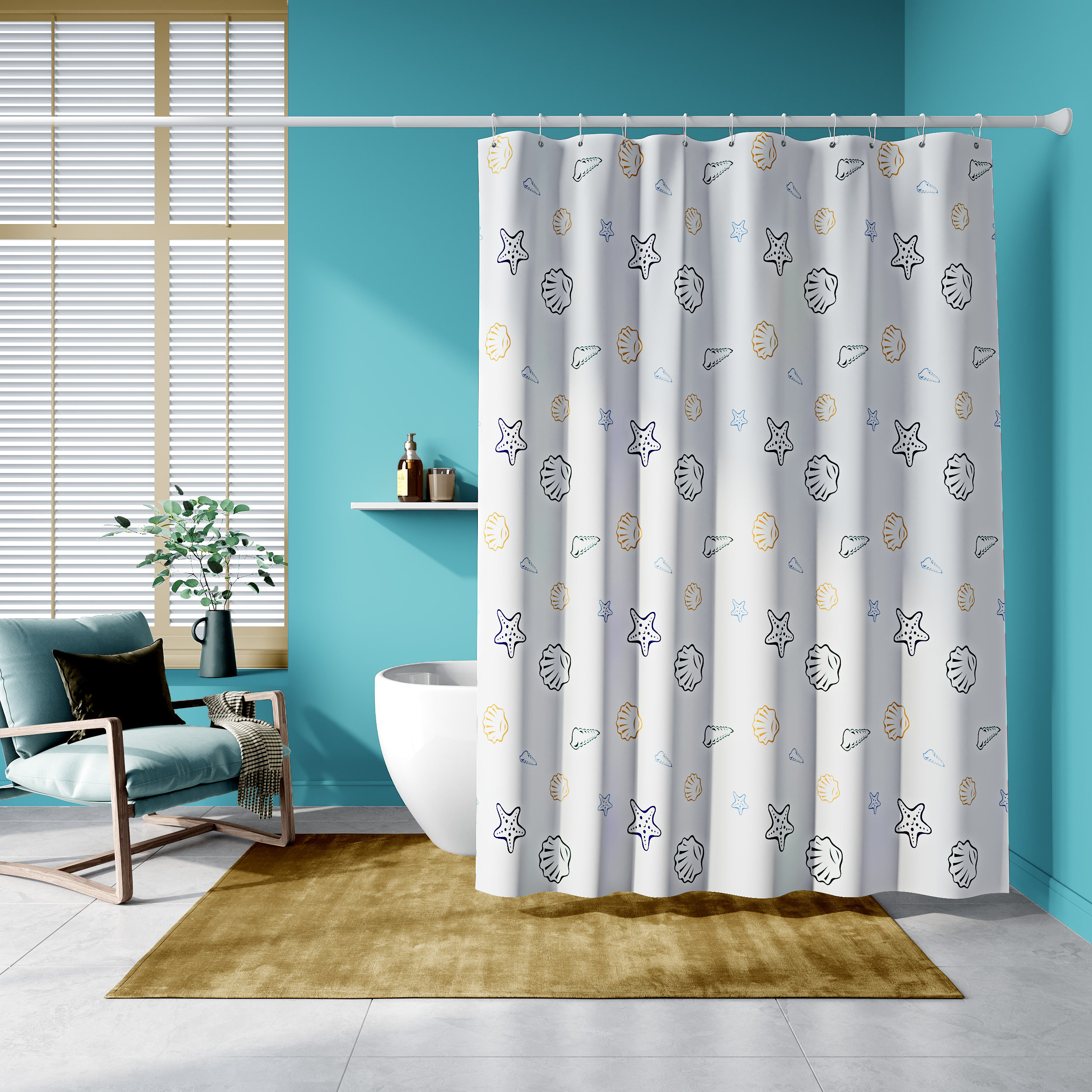 格子白色小清新灰色海洋带杆涤纶防水水浴帘挡浴帘