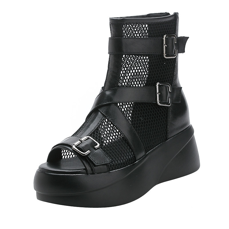 鱼嘴网靴真皮罗马凉鞋女2022夏季凉靴松糕厚底女鞋网纱网眼松糕鞋