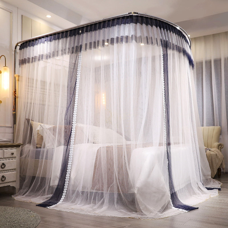 钓鱼竿伸缩u型蚊帐三开门不锈钢加粗加厚双层加密15米床18m床