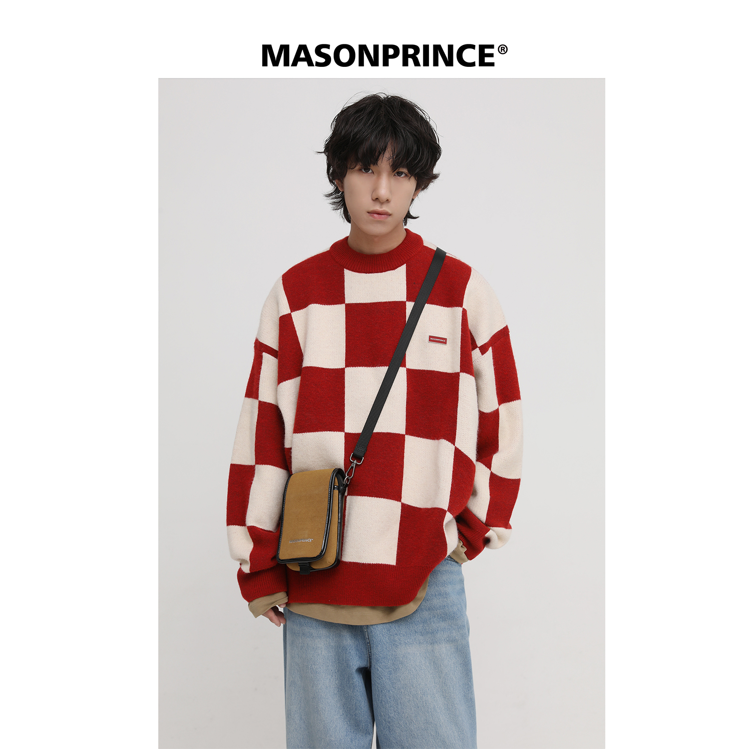 【潮woo专属】MASONPRINCE新款棋盘格毛衣男宽松慵懒圆领上衣秋冬
