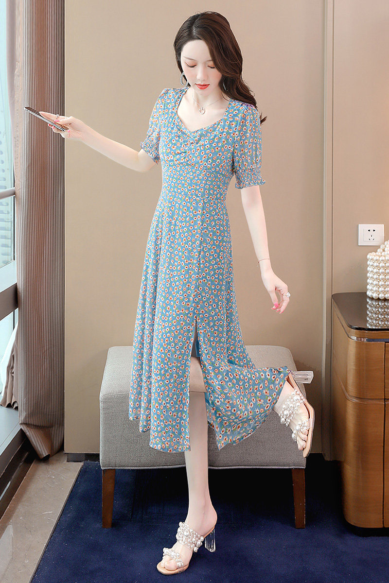 丝柏2021夏装新款女士短袖显瘦碎花泡泡修身连衣裙