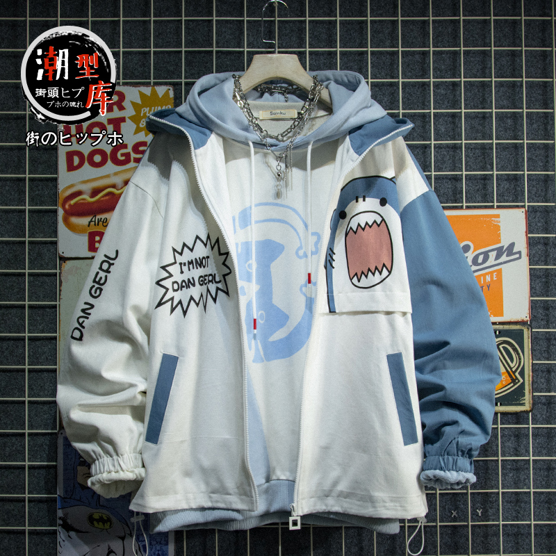 SOINKU日系潮牌休闲印花连帽夹克外套男青少年春秋装潮流帅气拼接