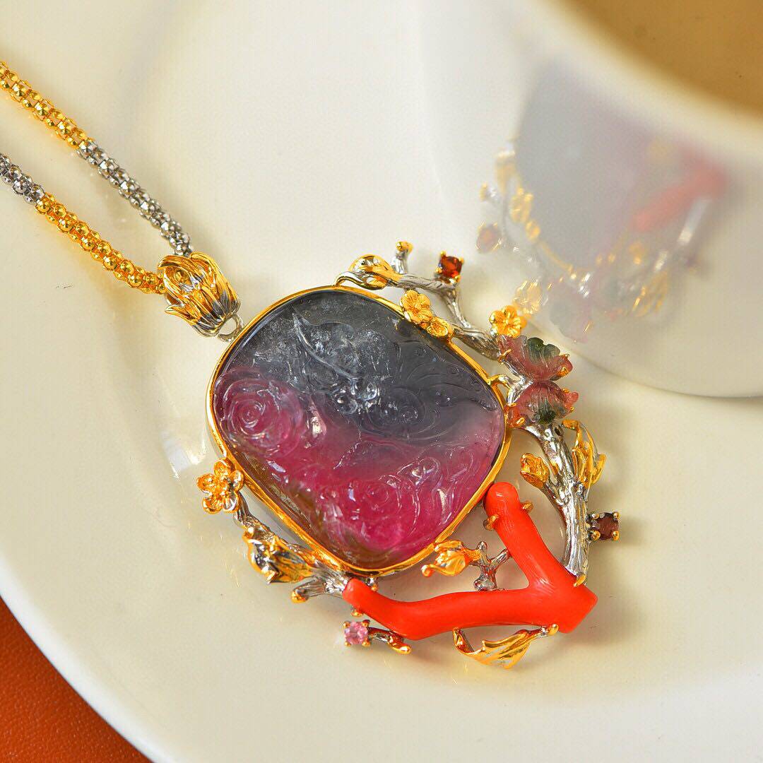 进口意大利工艺镶嵌天然西瓜碧玺吊坠蝴蝶雕花项坠