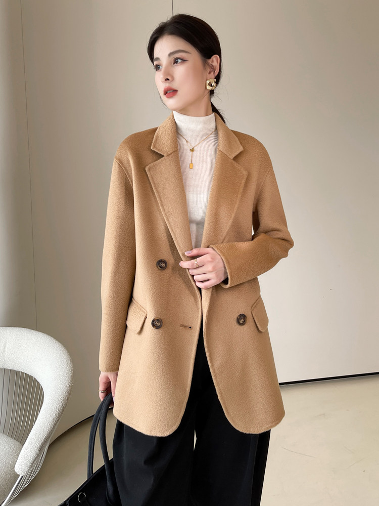 2021秋冬新款女水波纹短款双面羊绒驼色上衣毛呢外套