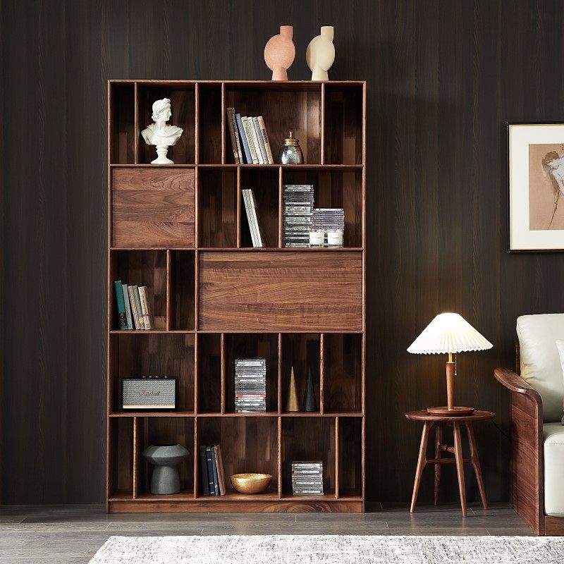 北美胡桃木格子书柜储物组合书架落地书橱现代简约单个书柜
