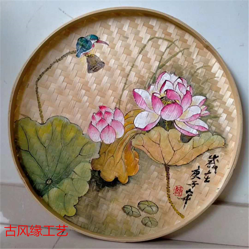 竹编筛子装饰画簸箕绘画墙面挂画手绘农家乐节气酒店饭店壁饰包邮