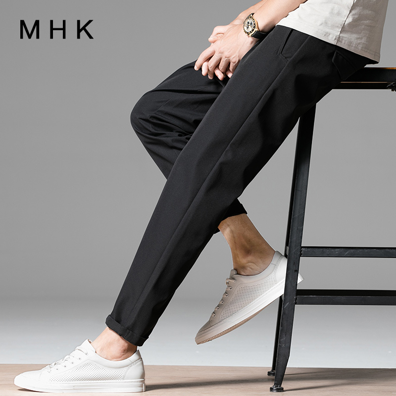 夏季薄款休闲裤男士宽松小脚裤潮流百搭九分裤冰丝速干长裤子黑色