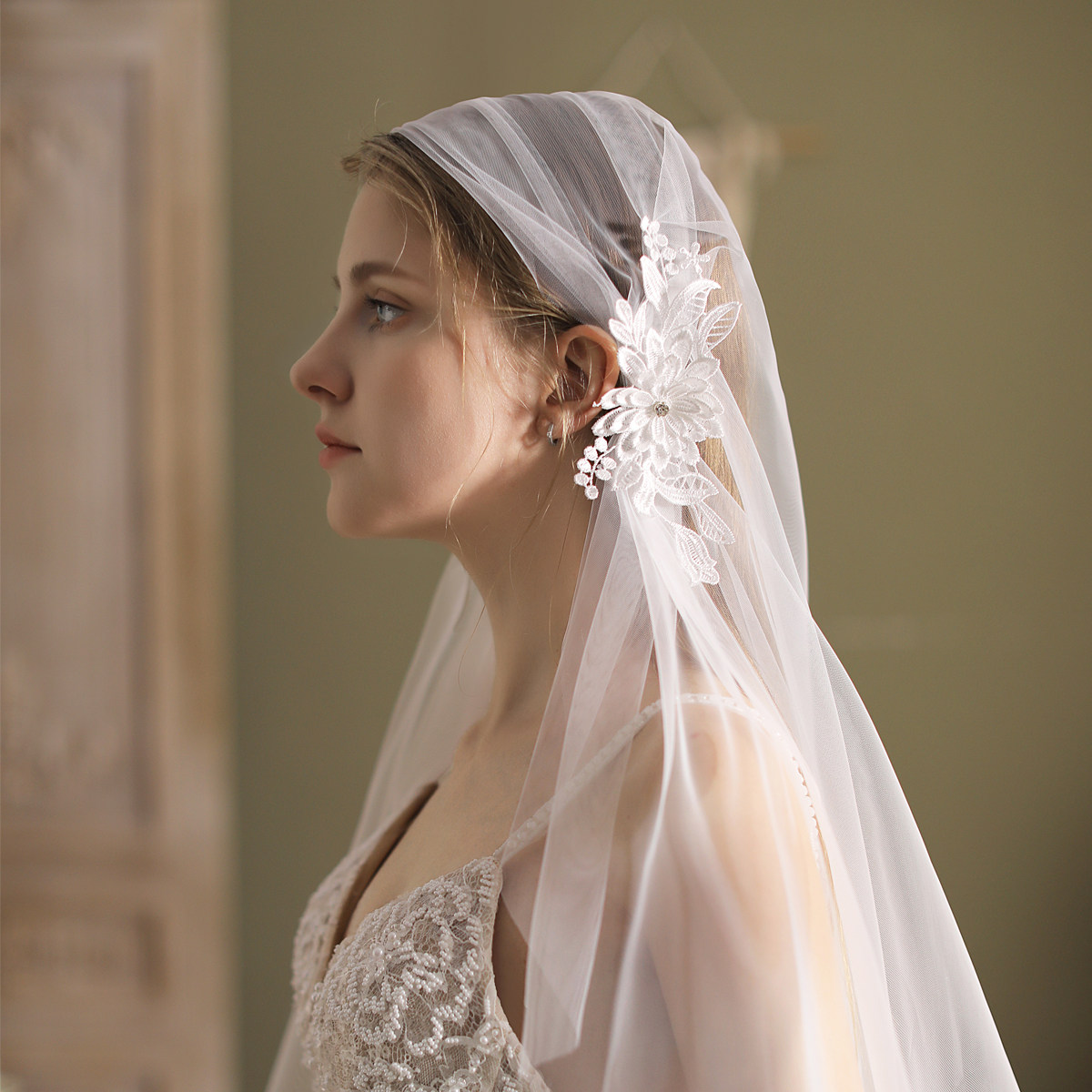 法式复古帽式蕾丝蕾丝花花朵新娘头纱森系超仙头纱