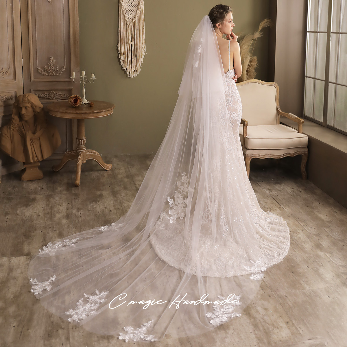 v829新娘结婚主婚纱头白色双层蓬蓬长款拖尾头纱