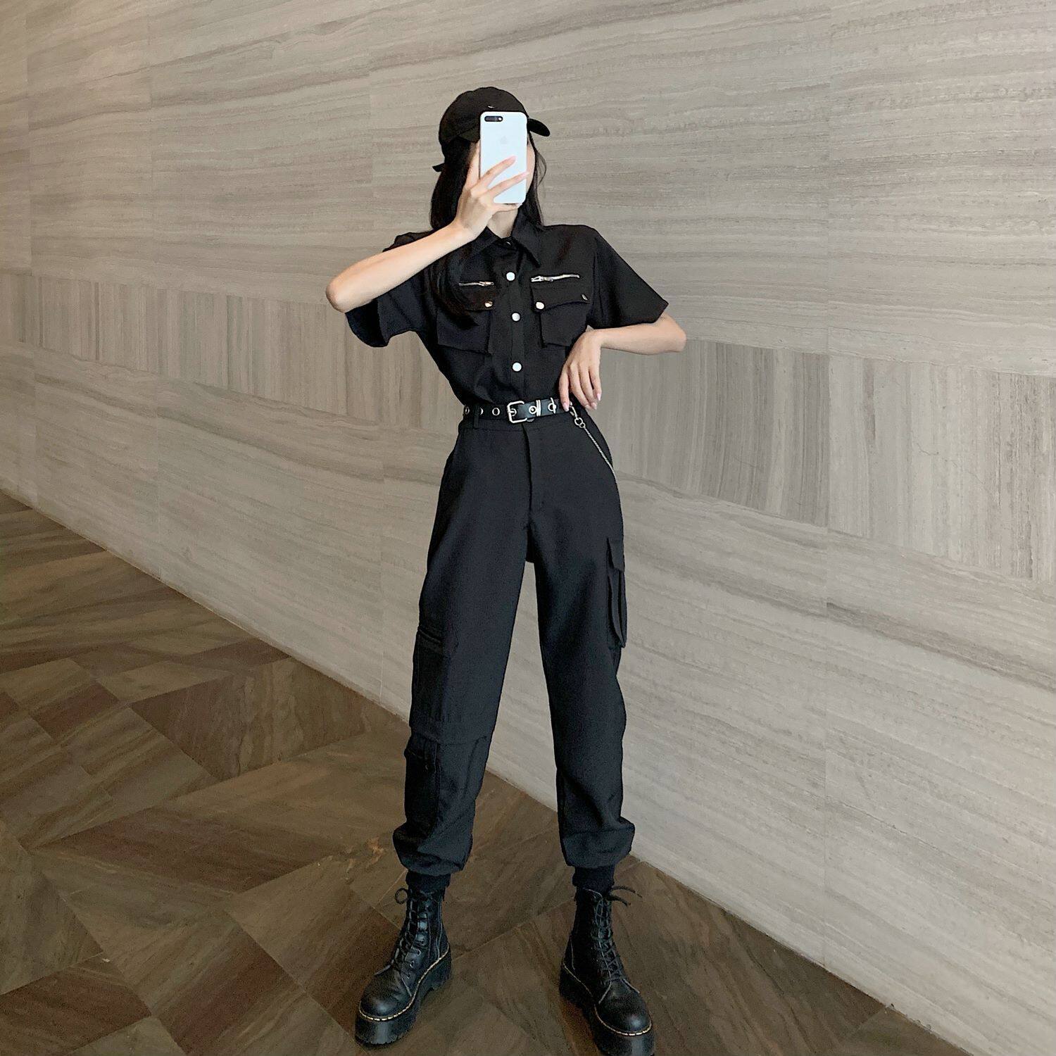 春夏季女孩穿搭帅气女装酷飒套装暗黑工装裤搭t恤