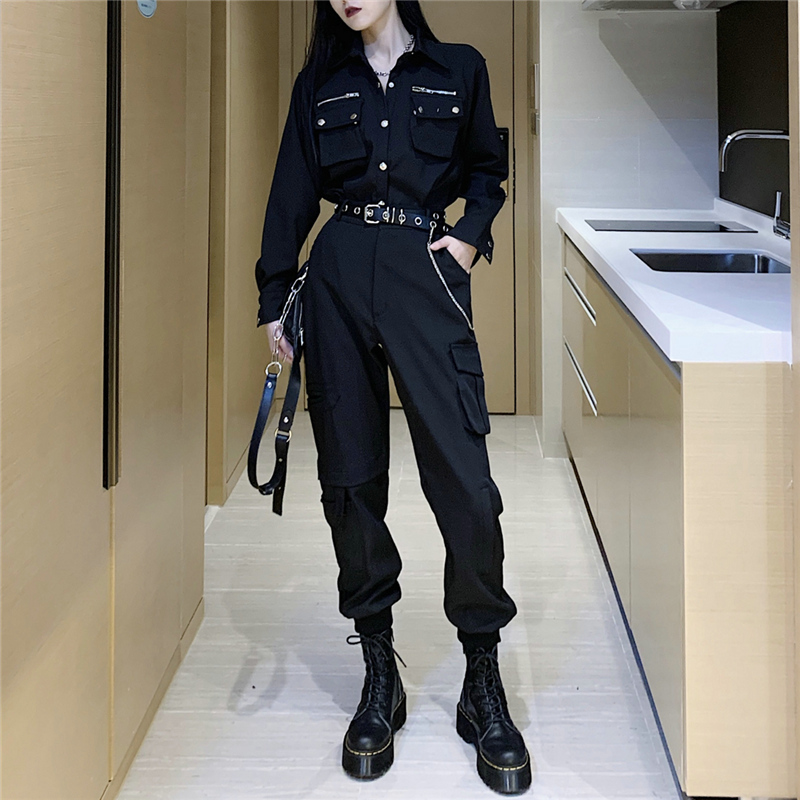 秋冬季酷女孩穿搭帅气女装酷飒风套装暗黑系工装裤搭配上衣服朋克