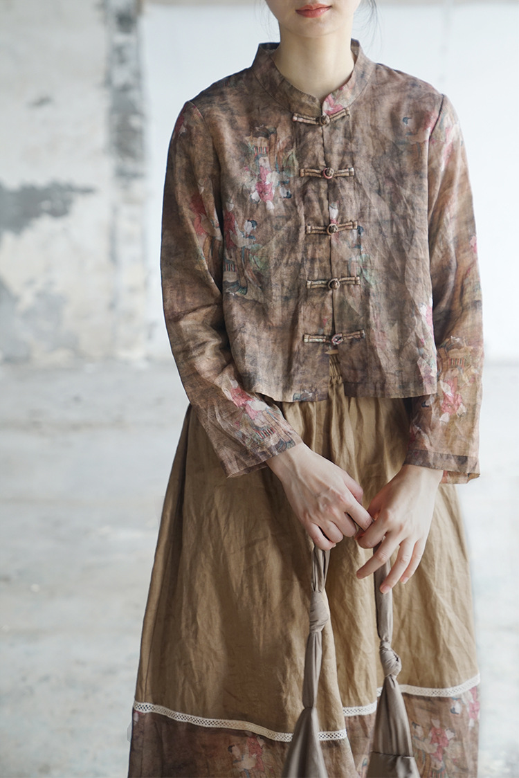 中式立领复古古国对襟盘扣壁画咖色短款长袖上衣