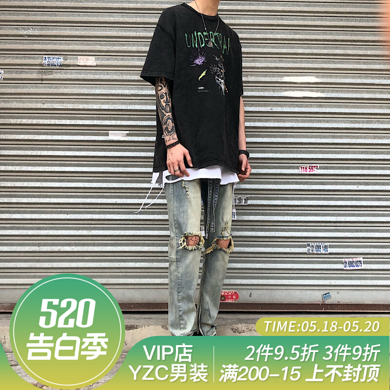 嘻哈FOG裤脚拉链牛仔裤休闲复古高街修身膝盖破洞飘带牛仔裤男潮