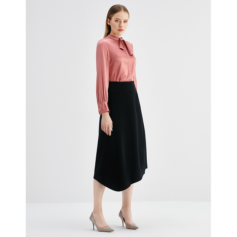 欧柏兰奴女装长袖蝴蝶结领带丝滑衬衫上衣修身显瘦衬衫