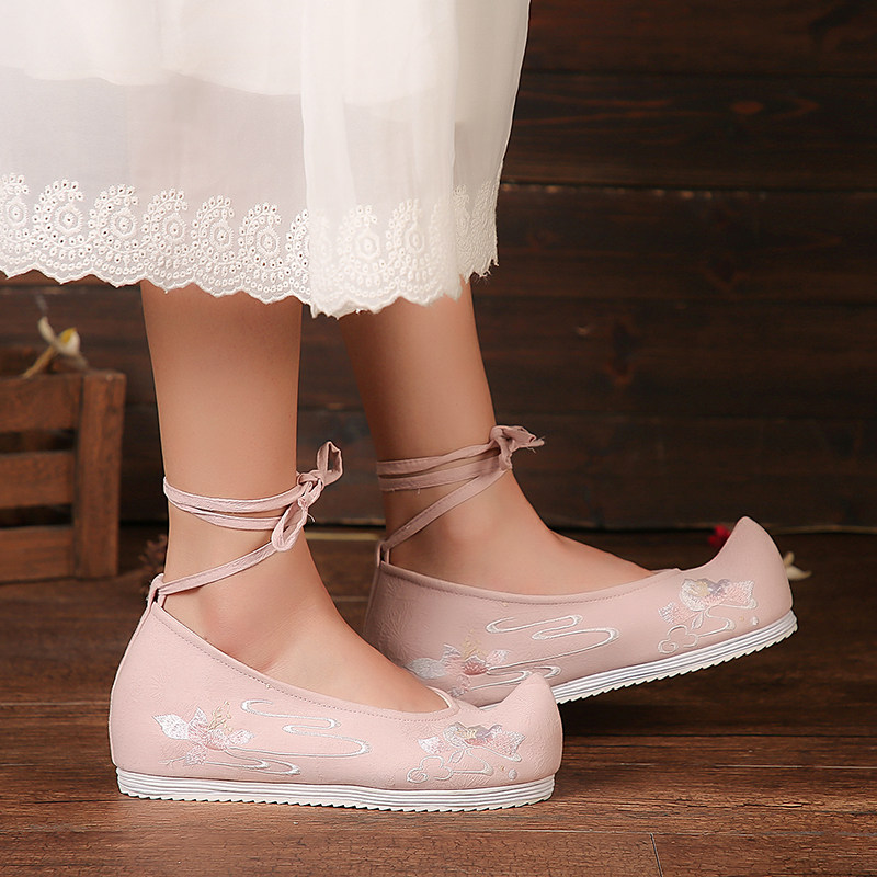 古风汉服鞋子女绣花鞋布鞋老北京配古装学生内增高绑系带cos 粉色