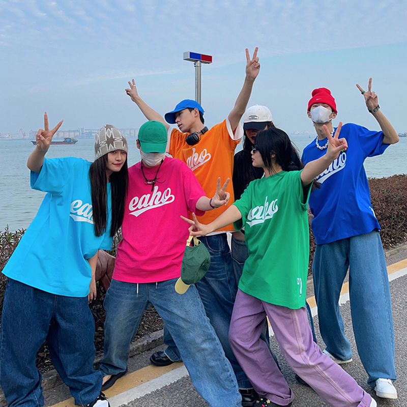 EAHO 彩色原创印花短袖简约宽松休闲纯色团体班服潮流T恤男女情侣