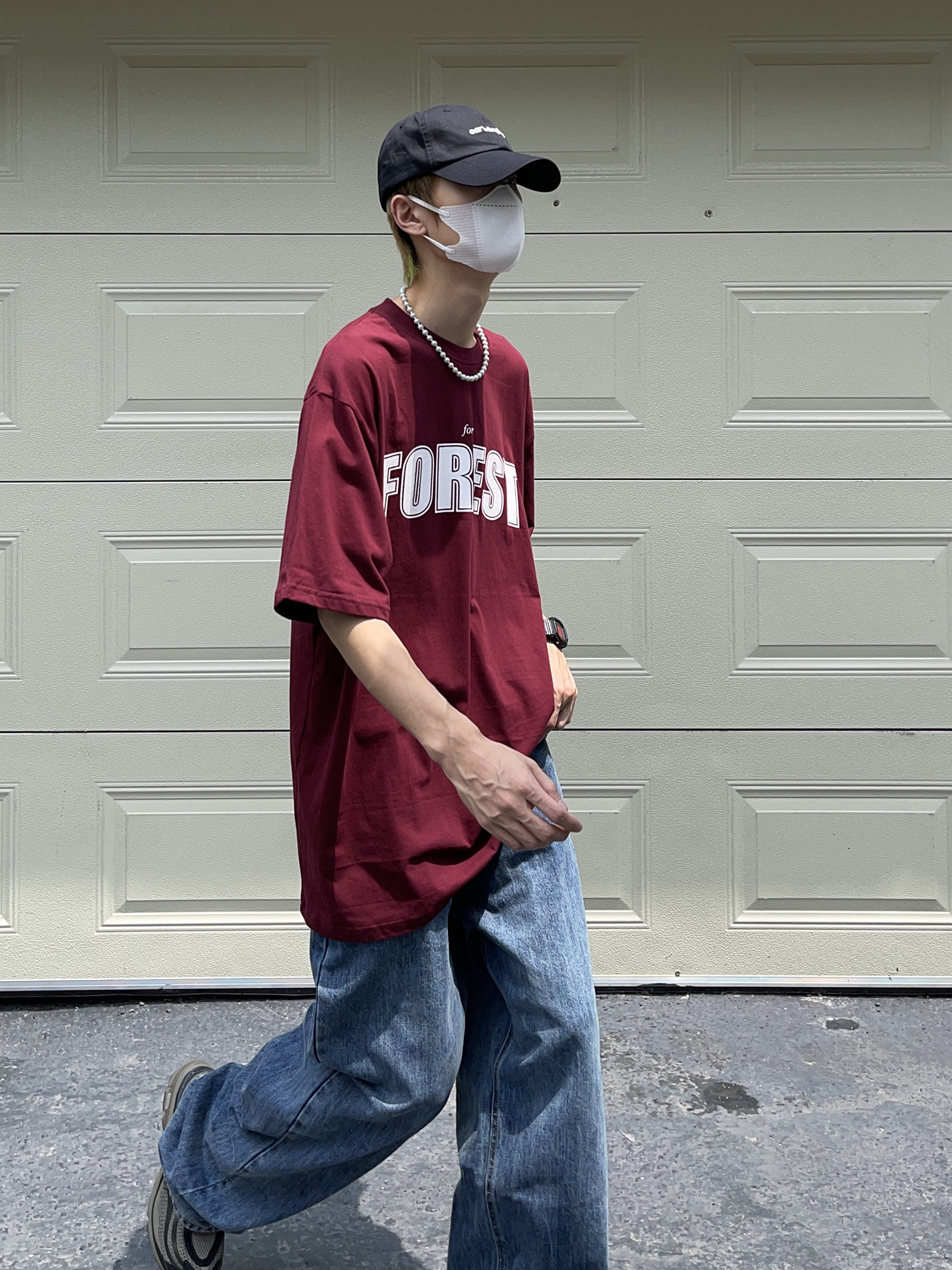 EAHOearthlinghoo22SS 日系印花宽松重磅酒红色美式短袖T恤男女