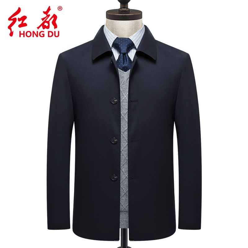 红都男装秋春秋新款羊毛夹克男翻领扣子款男外套薄款商务休闲上衣