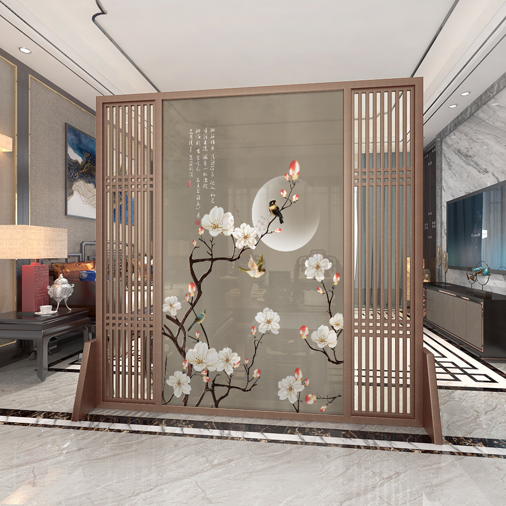 新中式酒店花鸟移动家居现代简约纱布半透明实木座屏
