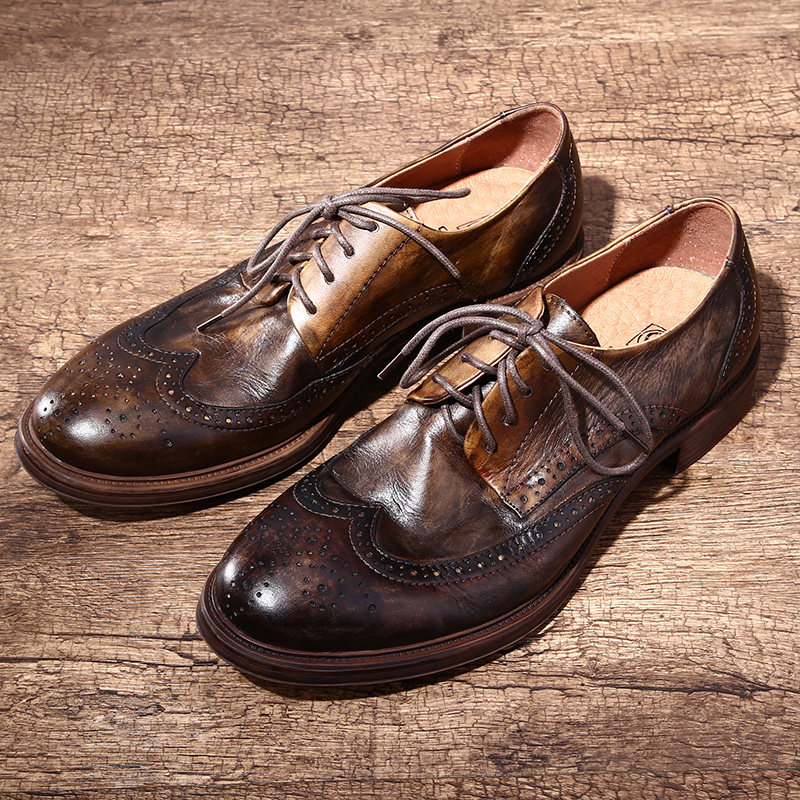 做旧欧美复古男鞋圆头系带大头水洗简约手工单鞋