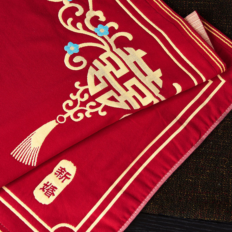 恒源祥结婚枕巾纯棉纱布一对喜庆红色高档新婚枕巾