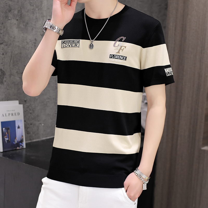 男士条纹短袖t恤夏季薄款针织冰丝体恤韩版潮流时尚男装夏装衣服