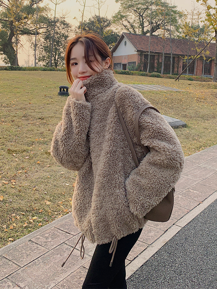 颗粒毛绒皮草上衣2021冬新款韩版立领抽绳宽松显瘦羊羔毛短外套女