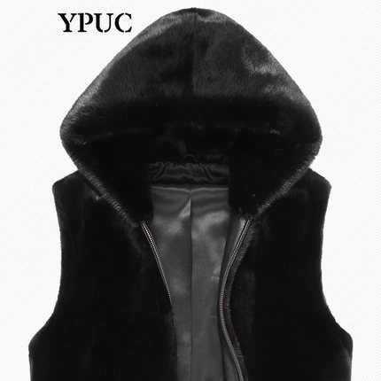 天鹅绒级貂皮大衣白色水貂马甲男带帽皮草坎肩进口整貂连帽背心潮