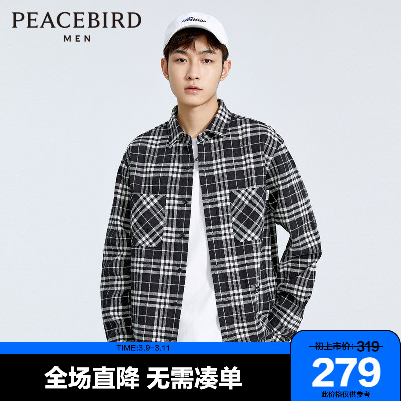 太平鸟男装 衬衫男黑灰格纹刺绣缝标法兰绒胸口双口袋秋装衬衣潮