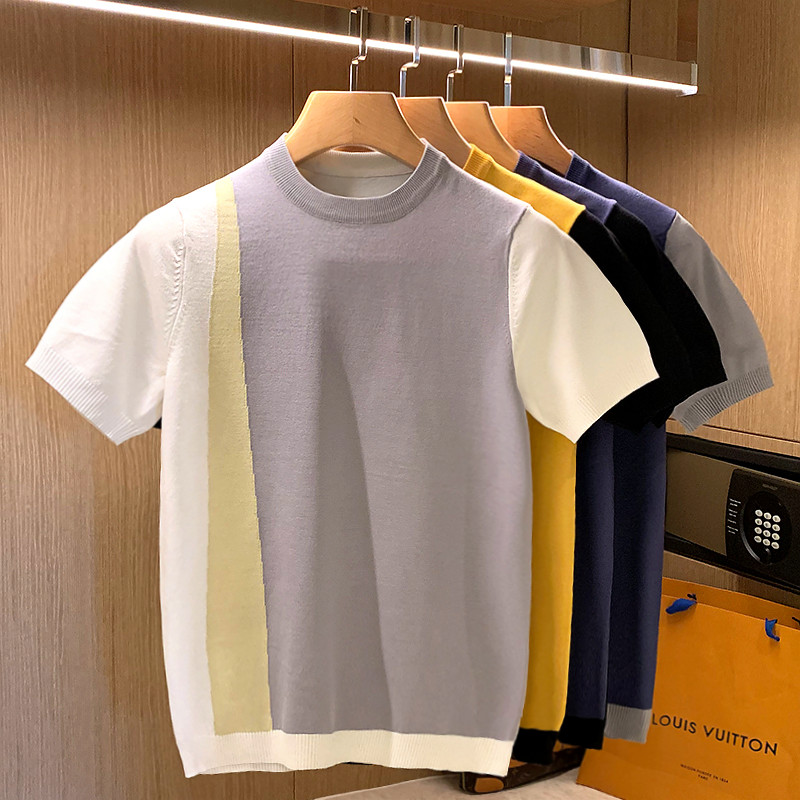 欧美简约轻薄针织男生打底衫 夏季ins潮流个性拼色透气短袖t恤 男