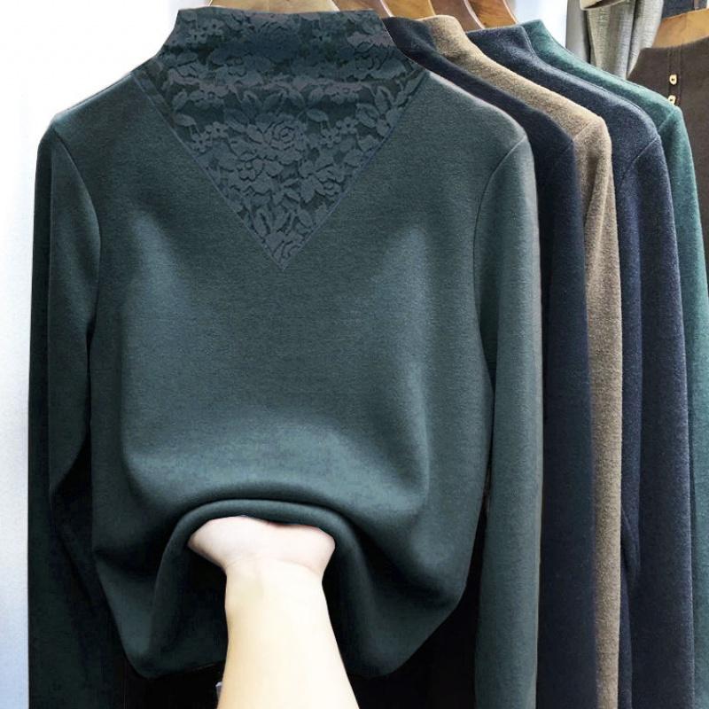 双面绒针织打底衫女秋冬内搭2021新款修身磨毛蕾丝套头上衣女保暖