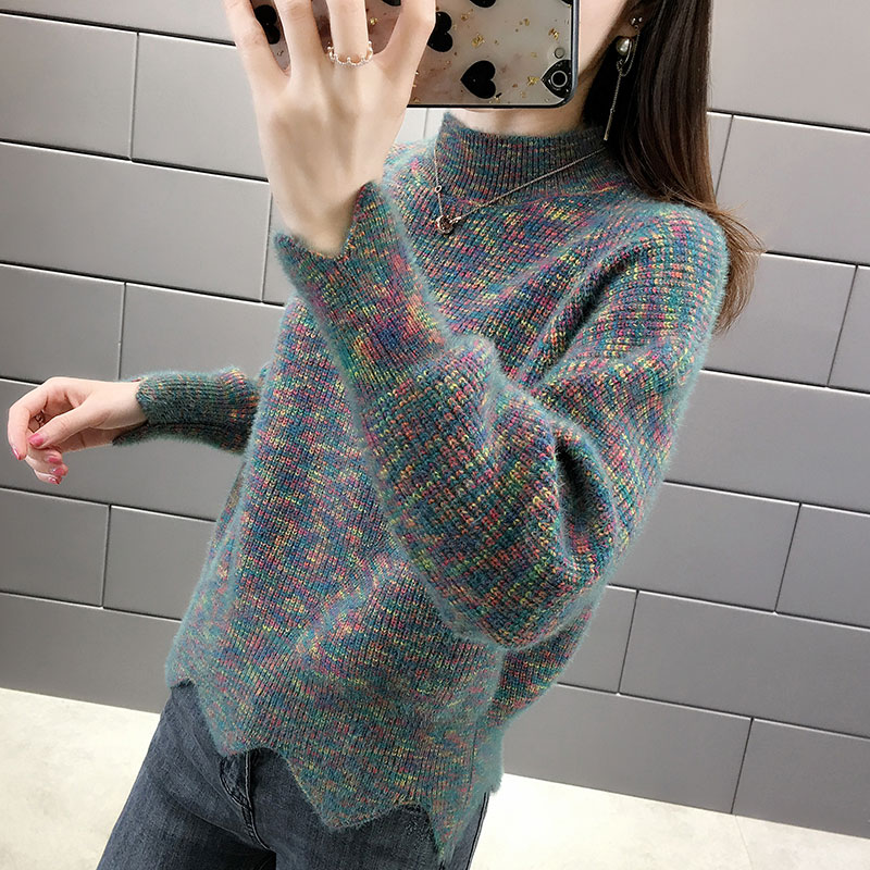 水貂绒半高领针织打底衫女秋冬2021新款洋气时尚加厚毛衣宽松外穿