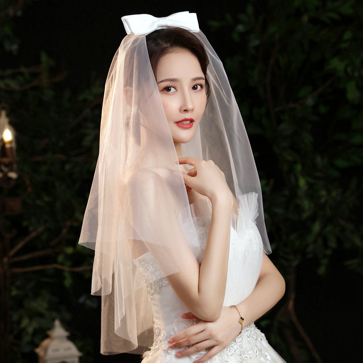 新娘婚礼头纱超仙森系白色旅拍短款蝴蝶结婚纱头纱