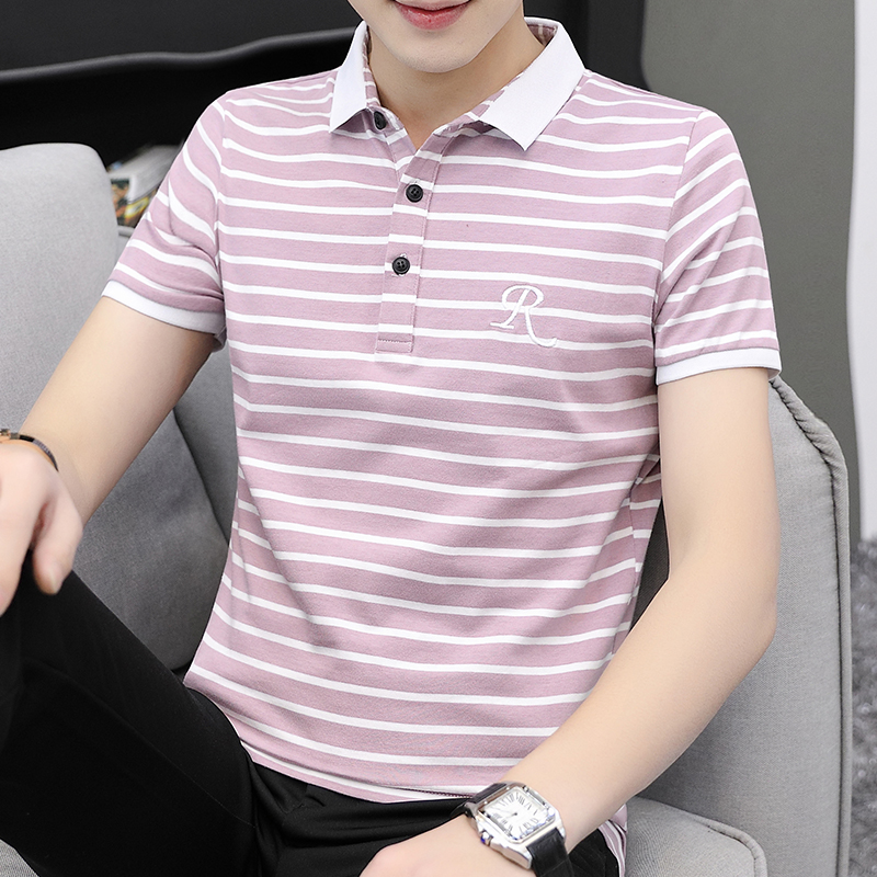 夏天纯棉短袖t恤男丅夏季新款潮流有领子条纹半袖男士翻领上衣土