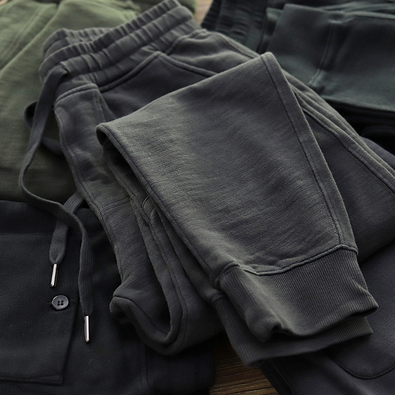 春秋新款重磅卫裤男美式复古做旧宽松针织裤加绒运动裤休闲束脚裤