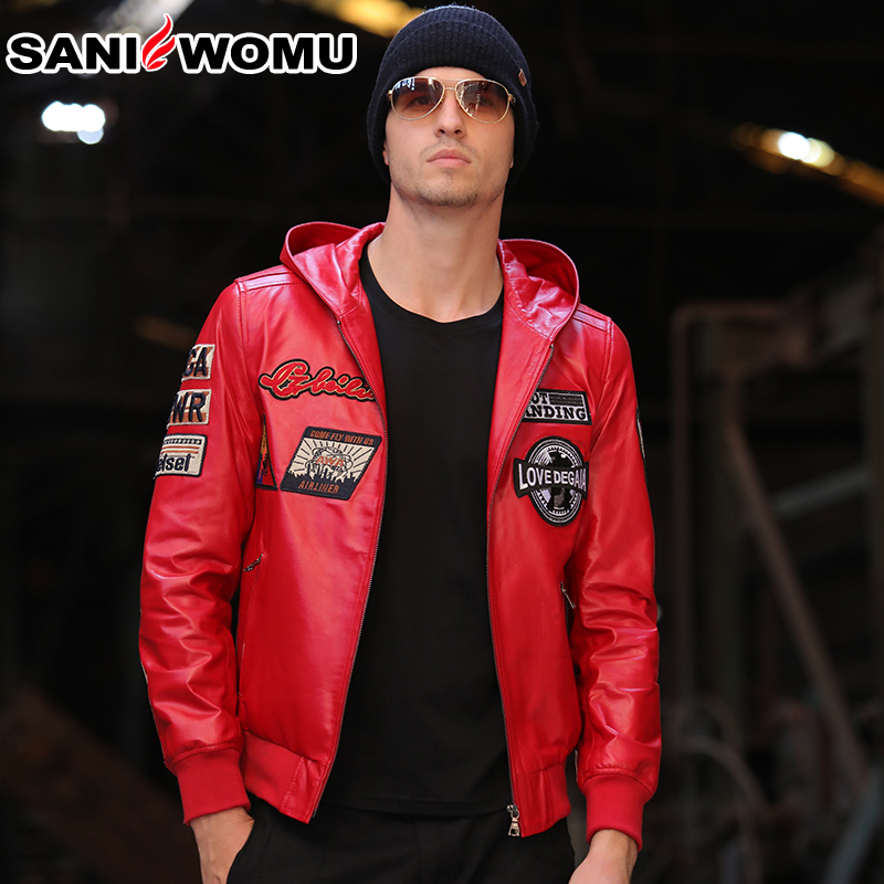 萨尼原生态真皮皮衣男绵羊皮带帽宽松休闲外套皮衣男短款保暖大衣