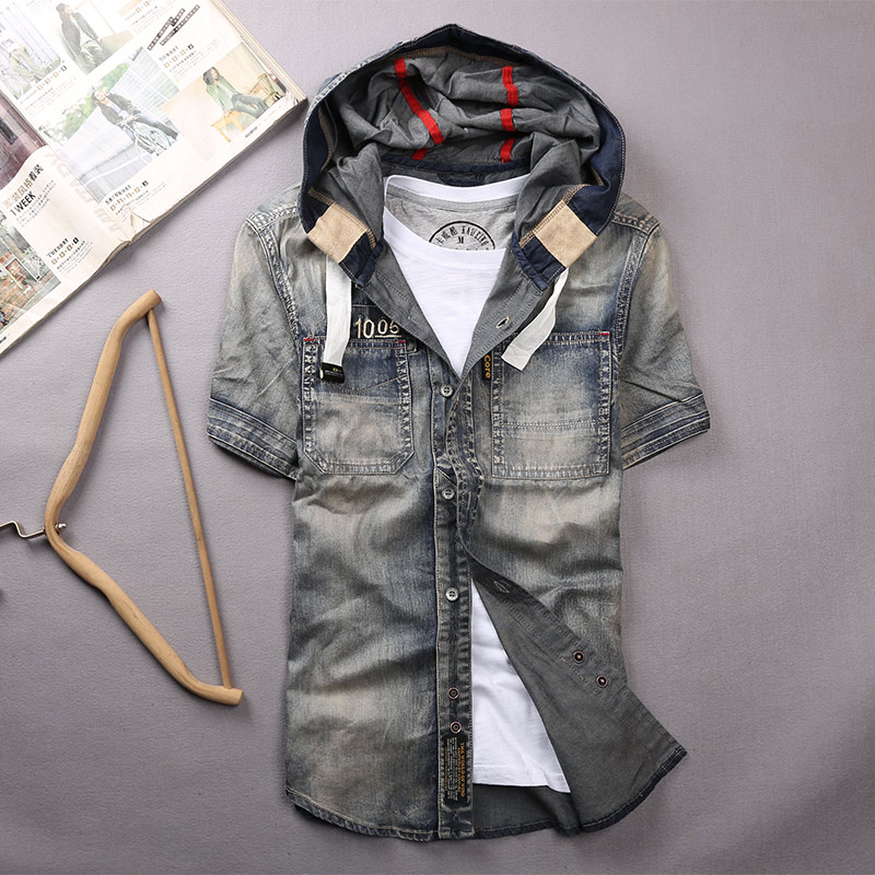 超薄 潮男夏装2022 全棉连帽水洗牛仔衬衫 男士短袖衬衣外套上衣
