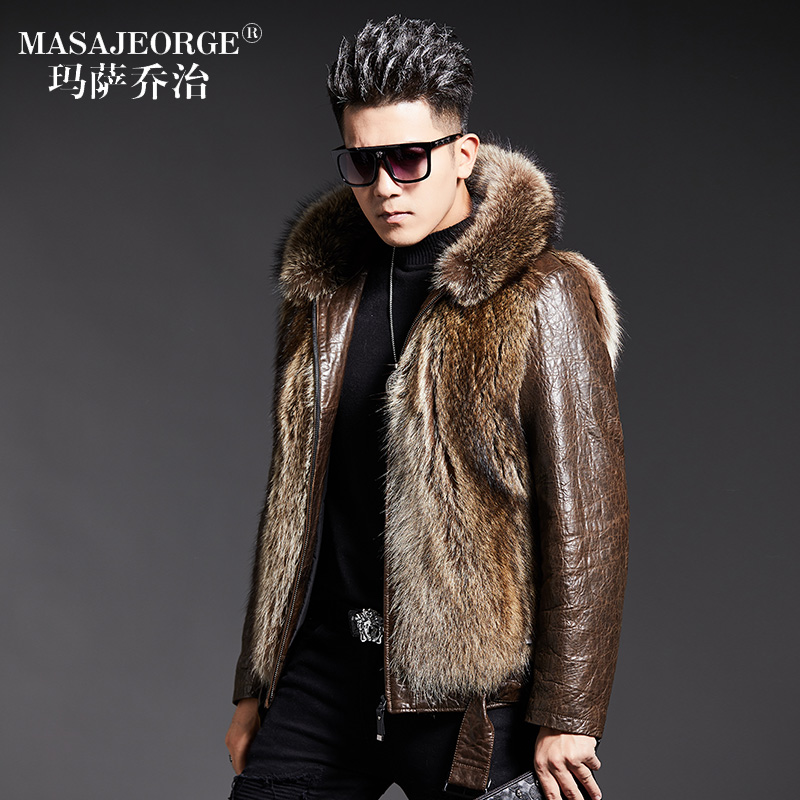 冬季皮毛一体大衣男修身帅气潮牌真皮皮衣连帽皮草貉子毛外套短款
