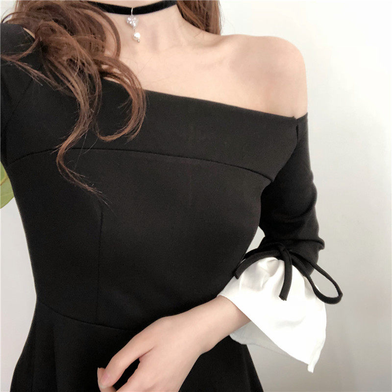 春季新款女装韩版一字领露肩气质黑白拼接喇叭袖学生a字连衣裙女