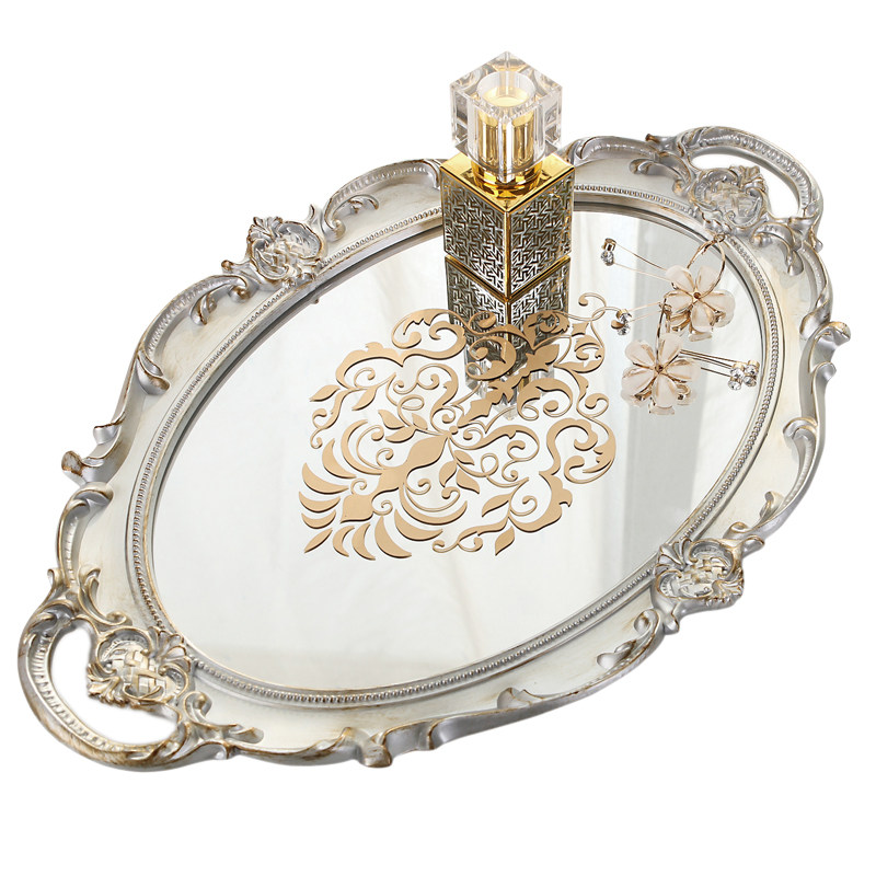 复古镜面托盘鎏金印花椭圆家用梳妆台奢华美容院摆件