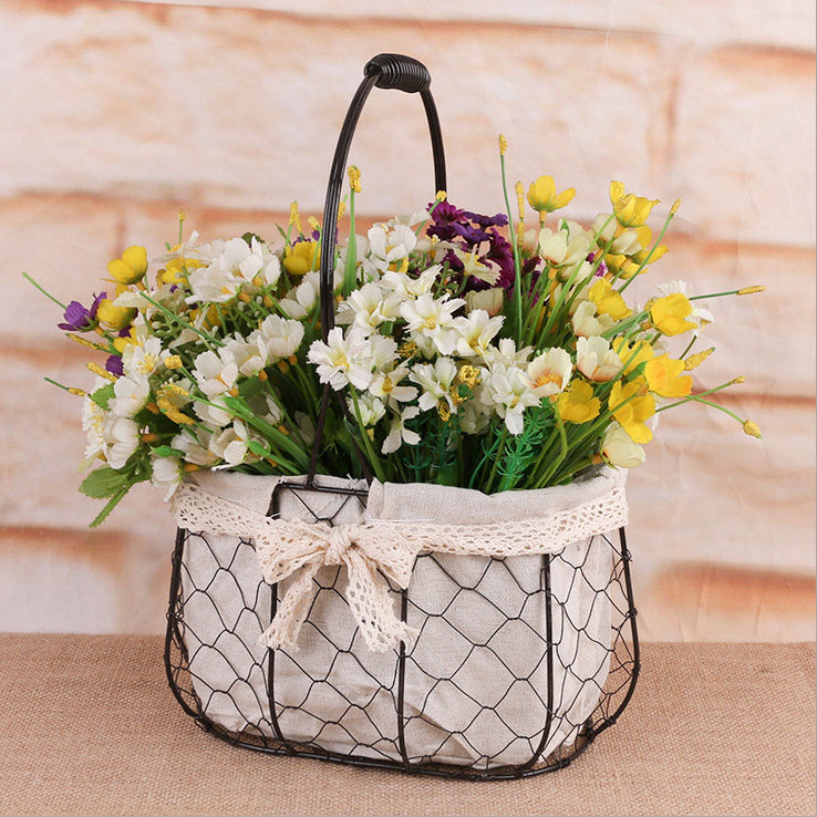 铁艺手提插花小花篮客厅摆件编织篮干花花筐花盆多肉篮子