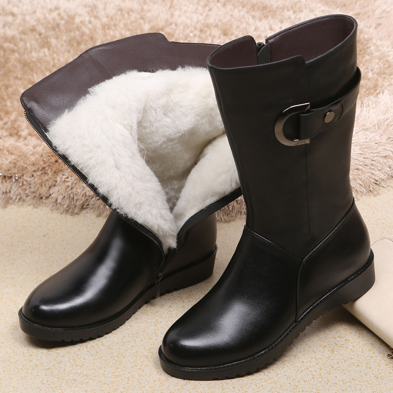 棉鞋冬季加绒女靴羊毛真皮女棉女式中筒平底时装靴