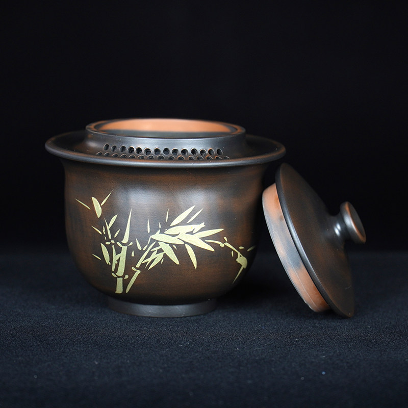 建水紫陶彩填盖碗盖碗茶茶碗茶杯大号功夫家用盖碗