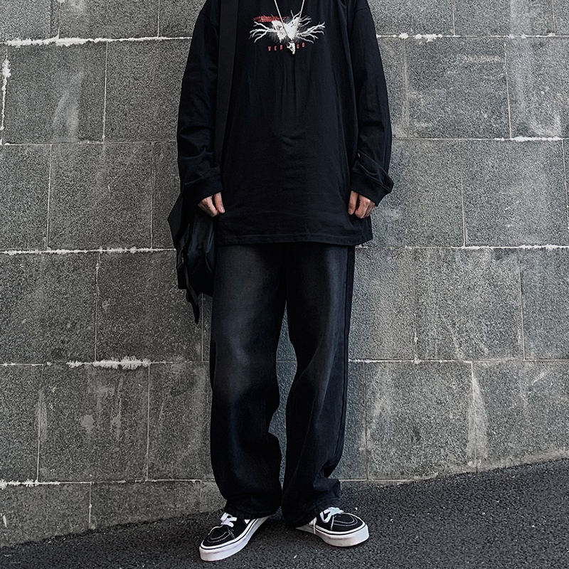 ins嘻哈潮牌高街头宽松直筒老爹裤黑色百搭长裤水洗做旧牛仔裤男