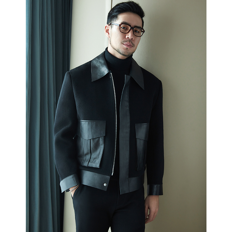 FACECITY外套男秋冬夹克毛呢外套男士夹克男潮牌皮夹克拼接秋外套