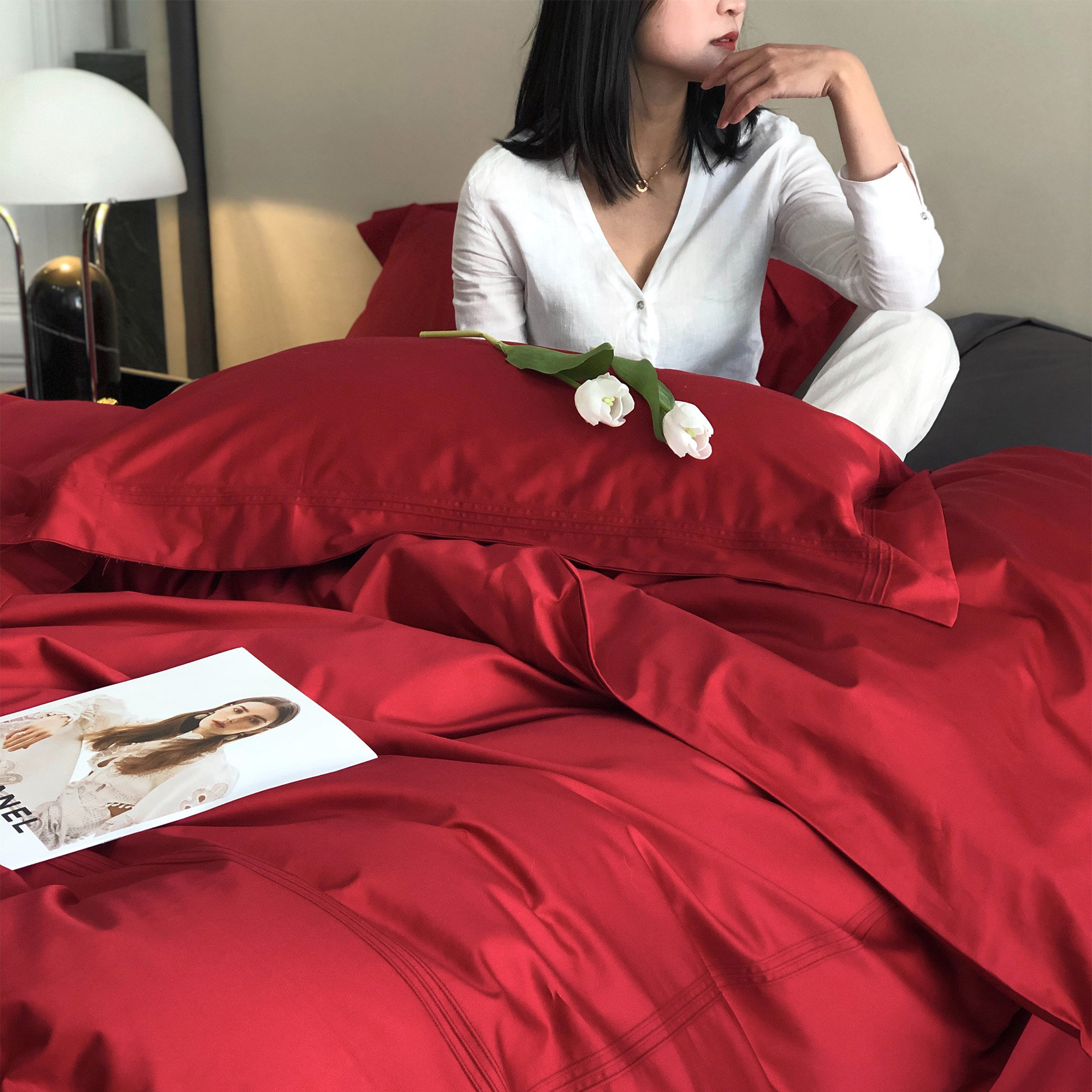 简约婚庆四件套全棉100s长绒棉贡缎酒红纯色结婚被套床单床上用品